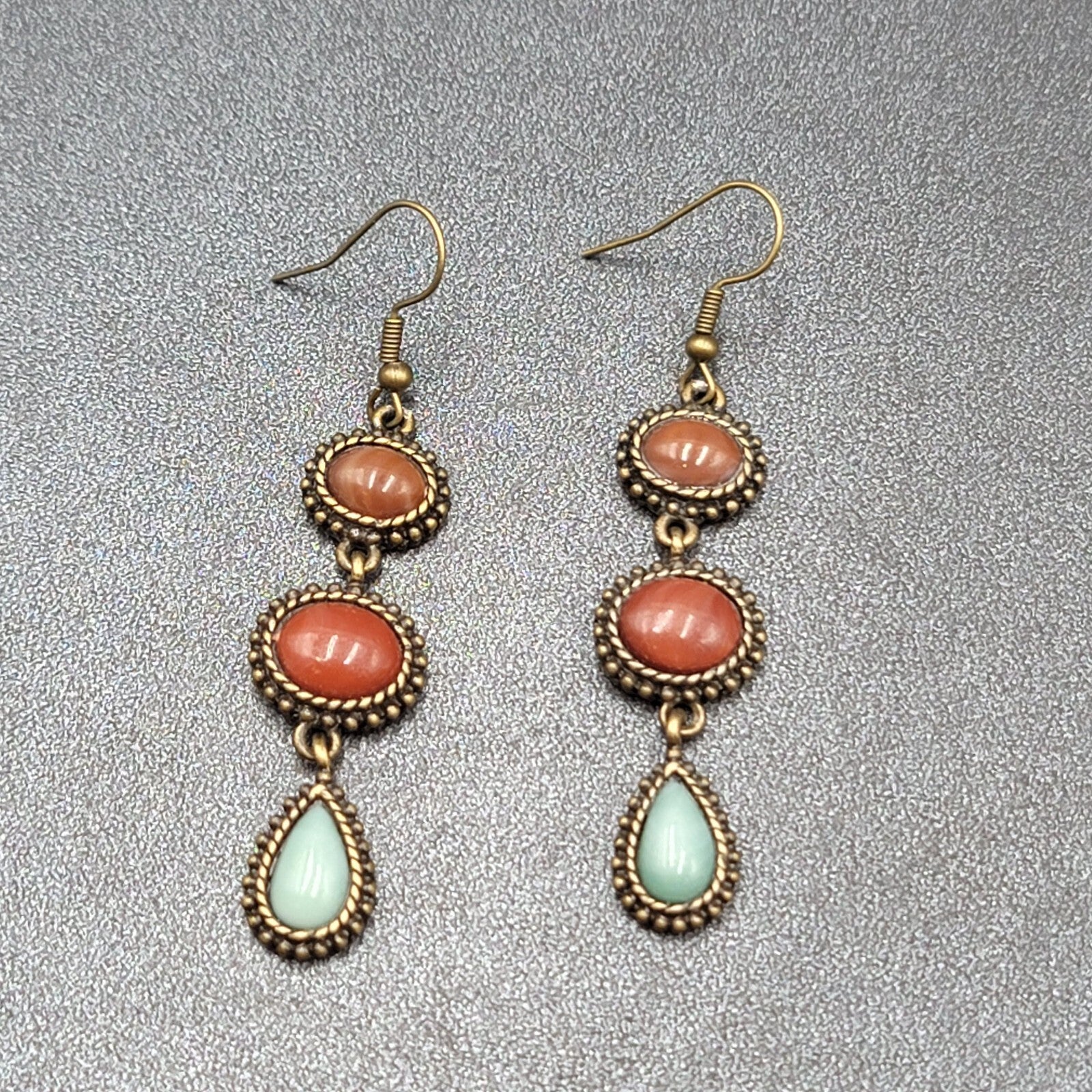 Pierced Earrings Bronze tone Dark Red Light Blue Dangle 2"