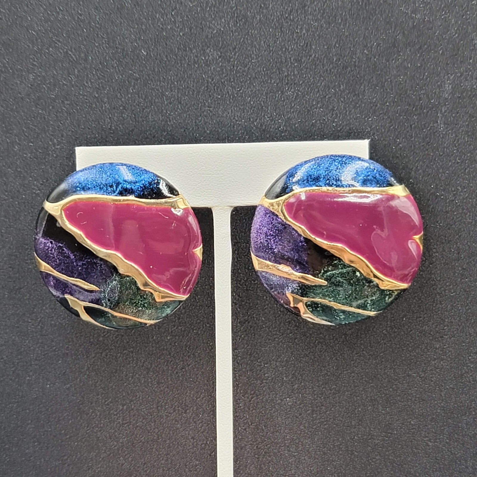 Vintage Pierced Earrings Blue Purple Enamel Round Statement 1.5"