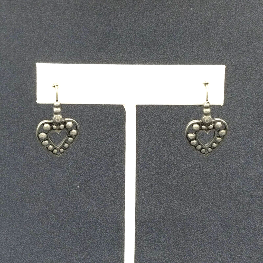 Pierced Earrings Pewter Beaded Open Heart Dangle Dark Gray 7/8"