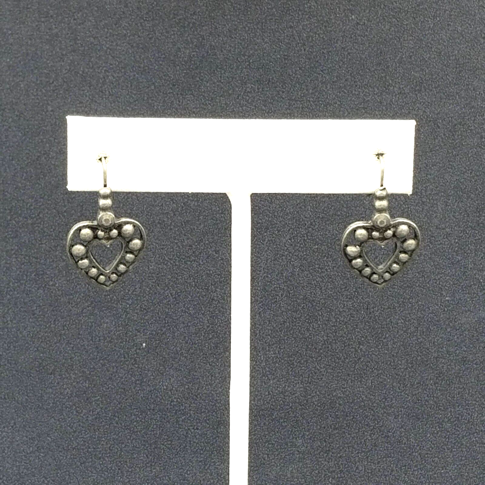 Pierced Earrings Pewter Beaded Open Heart Dangle Dark Gray 7/8"