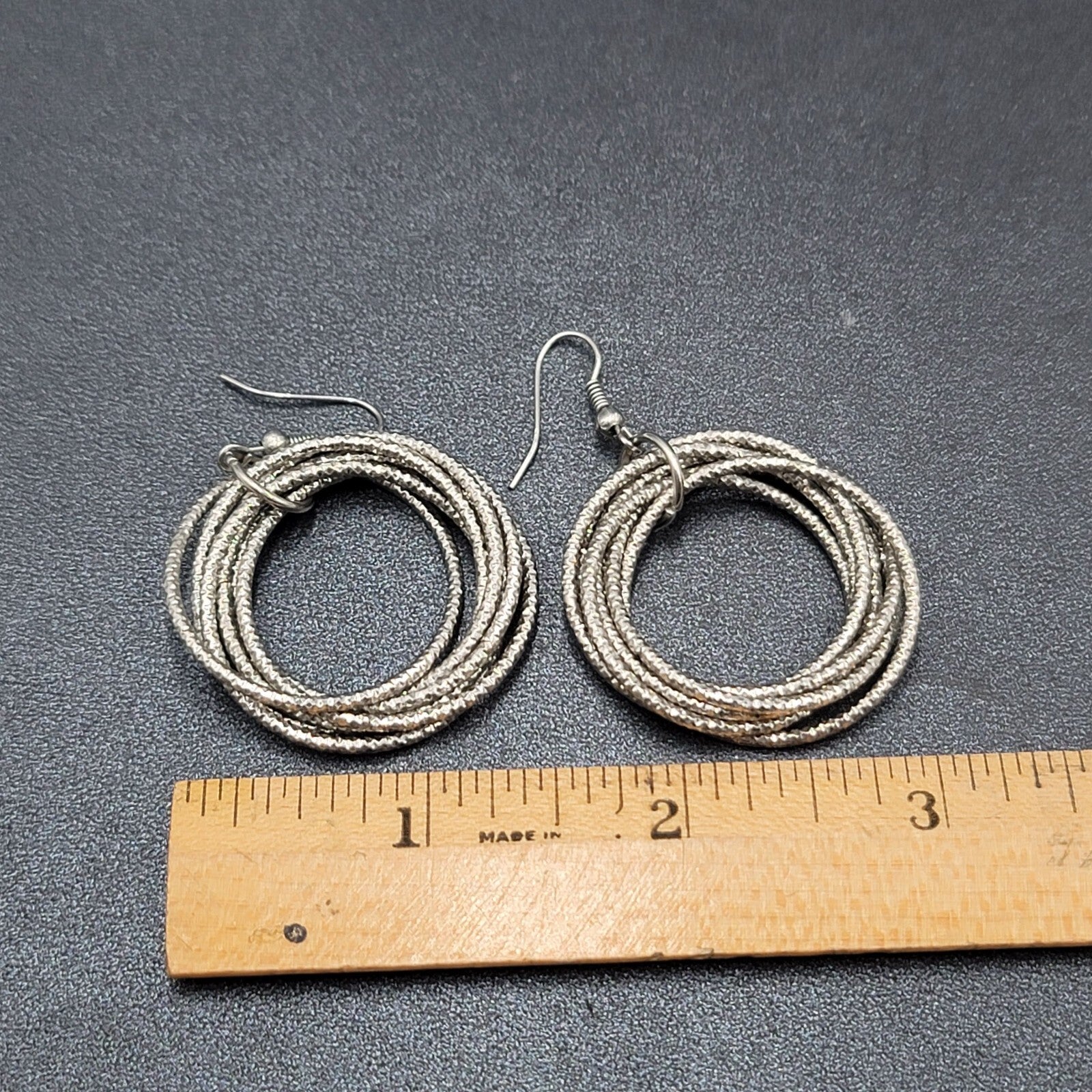 Pierced Earrings Silver tone Textured Multi Hoops Dangle 1.5"