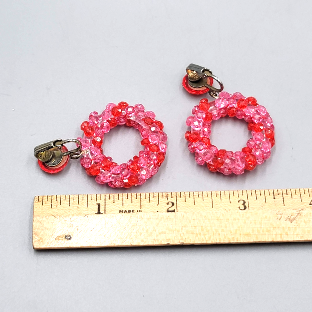 Vintage Pink Bead Wreath Clip on Earrings Dangle 2"