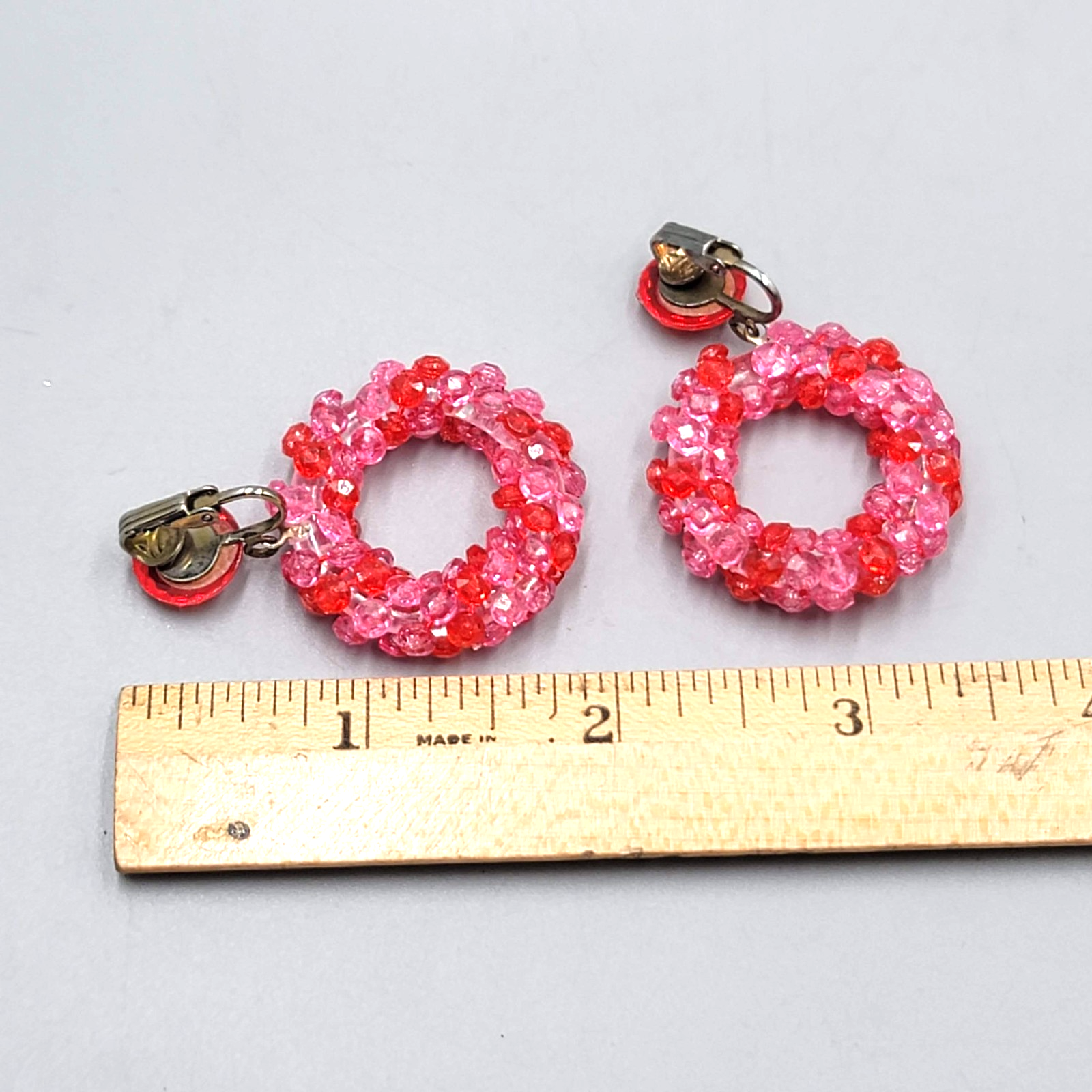 Vintage Pink Bead Wreath Clip on Earrings Dangle 2"