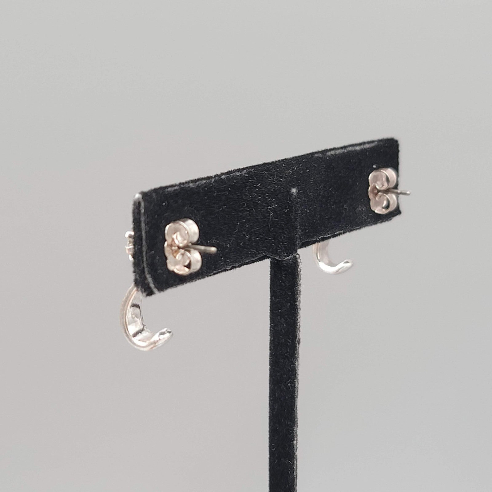 Silver tone Pierced Earrings Convertible Curved Jacket Crystal Minimalist 5/8"