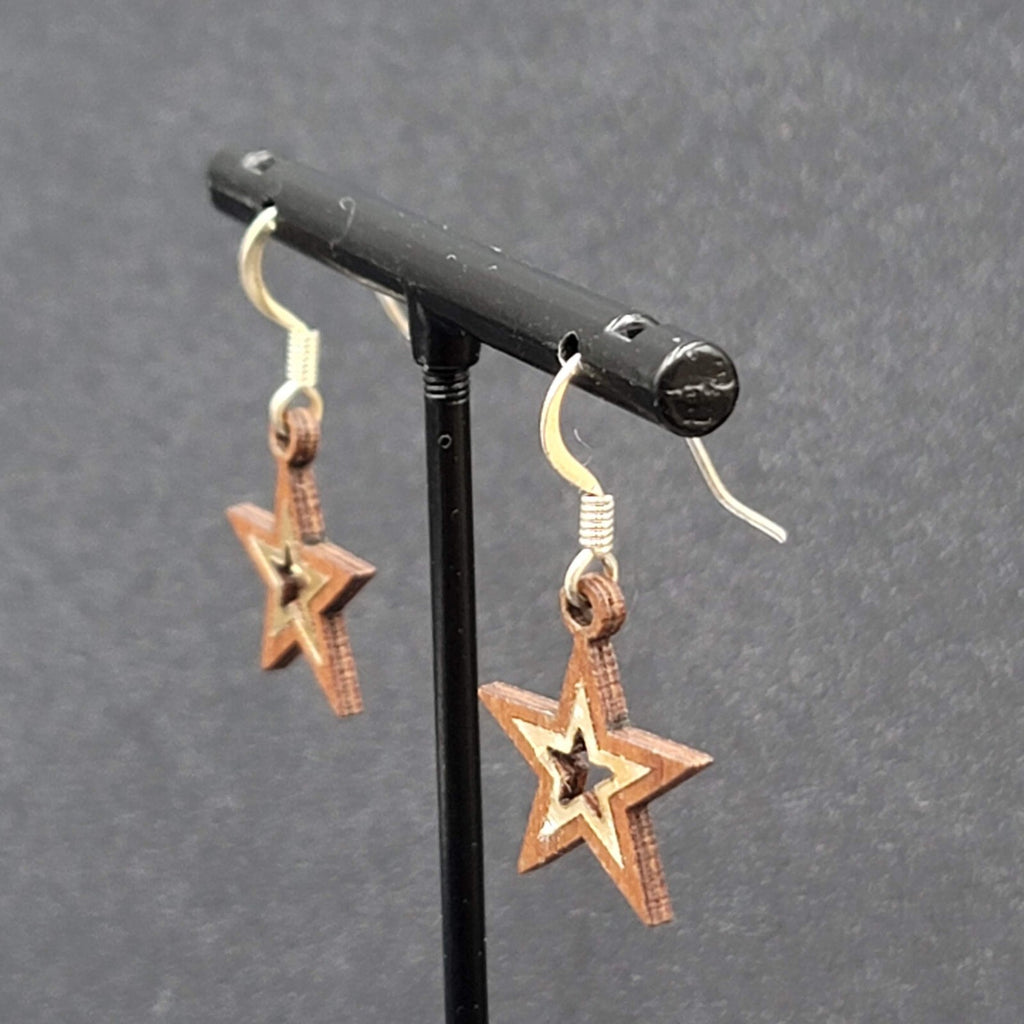 Star Pierced Earrings Wood Dangle 3/4"
