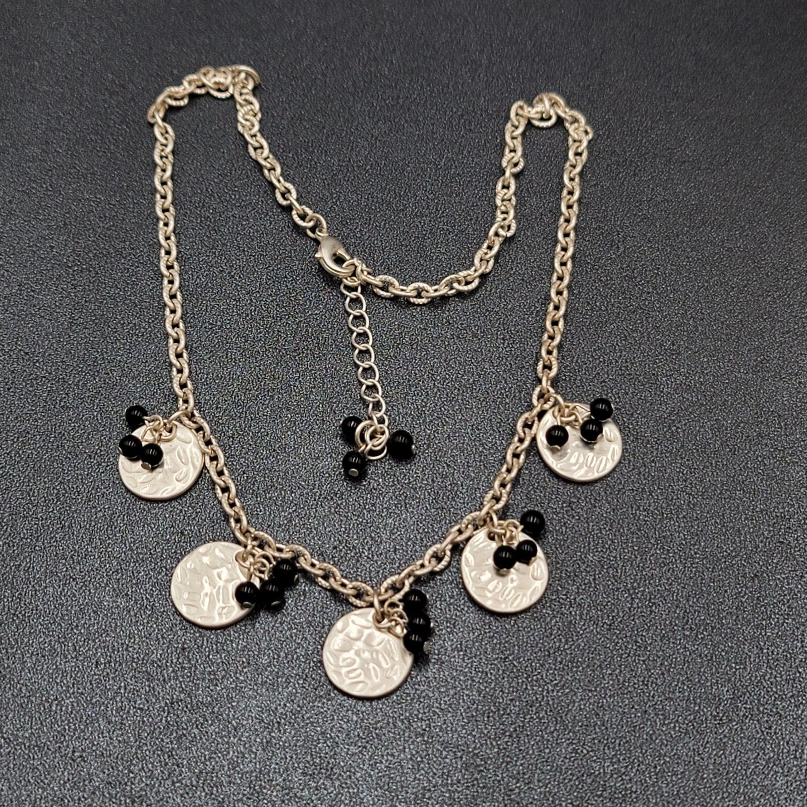 Black Bead Necklace Silver tone Hammered Discs Chain 16"-18"