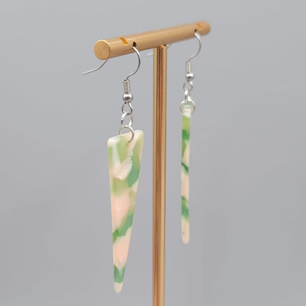 Pink Green Resin Triangle Pierced Earrings Silver tone Dangle  2 in