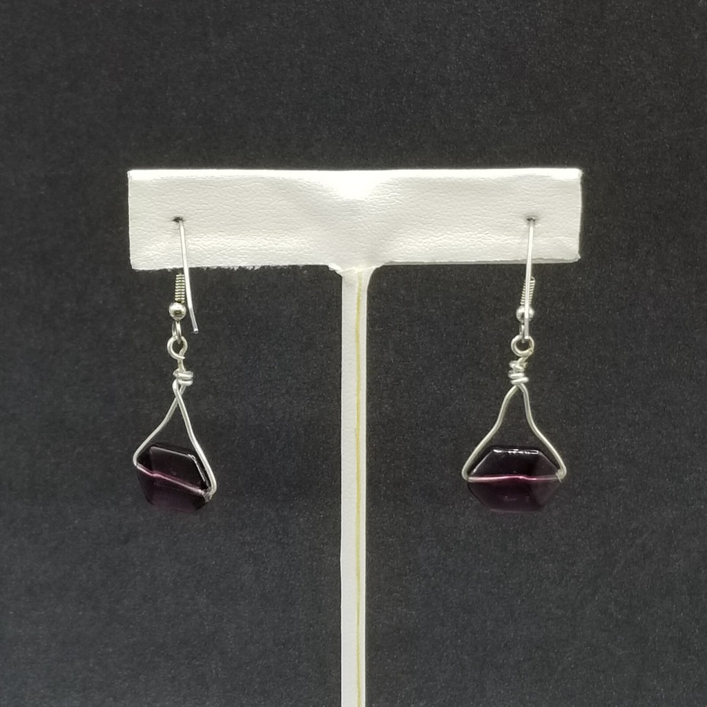Pierced Earrings Silver tone Faceted Purple Crystal Dangle 1"