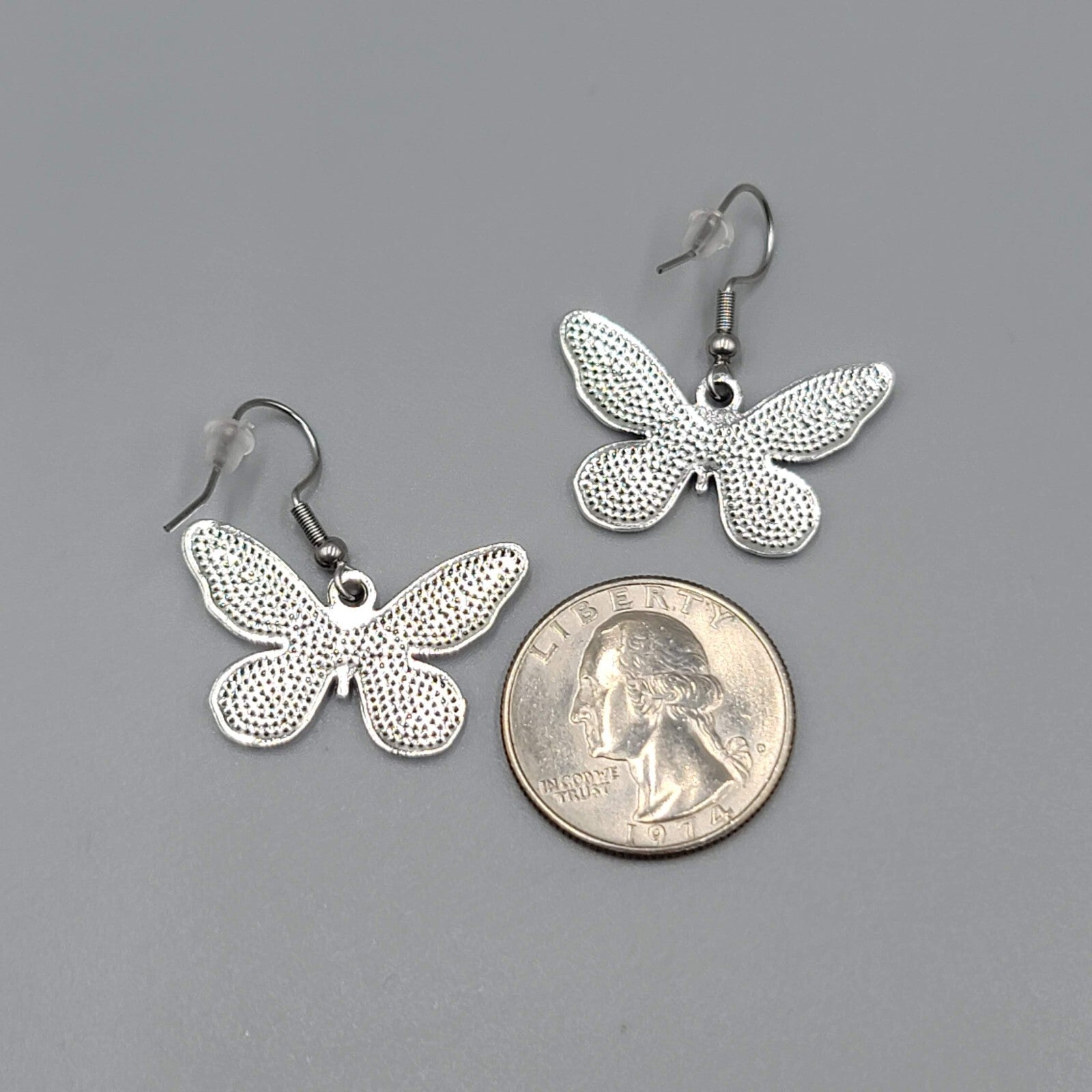 Butterfly Pierced Earrings Silver tone Embossed Dangle 3/4"