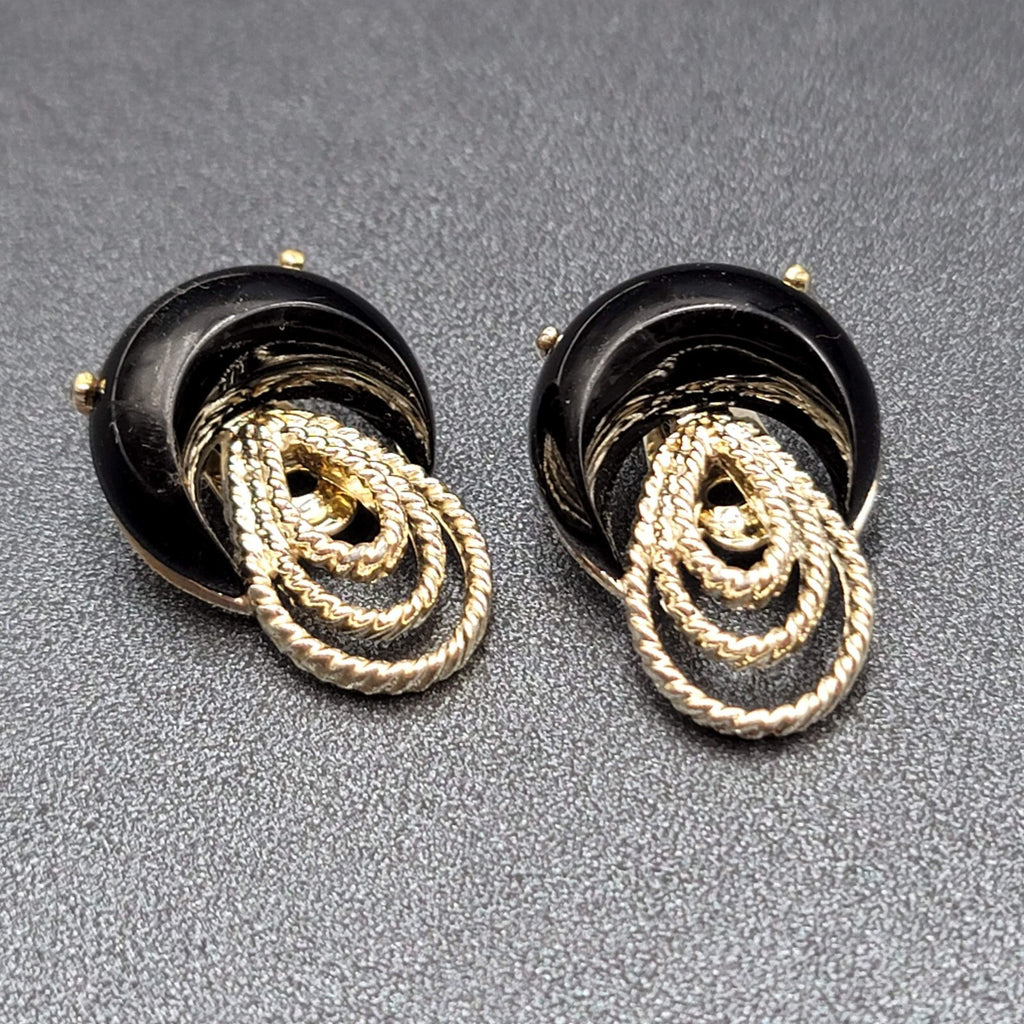 Clip on Earrings Silver tone Black Acrylic Climber MCM 1.25"