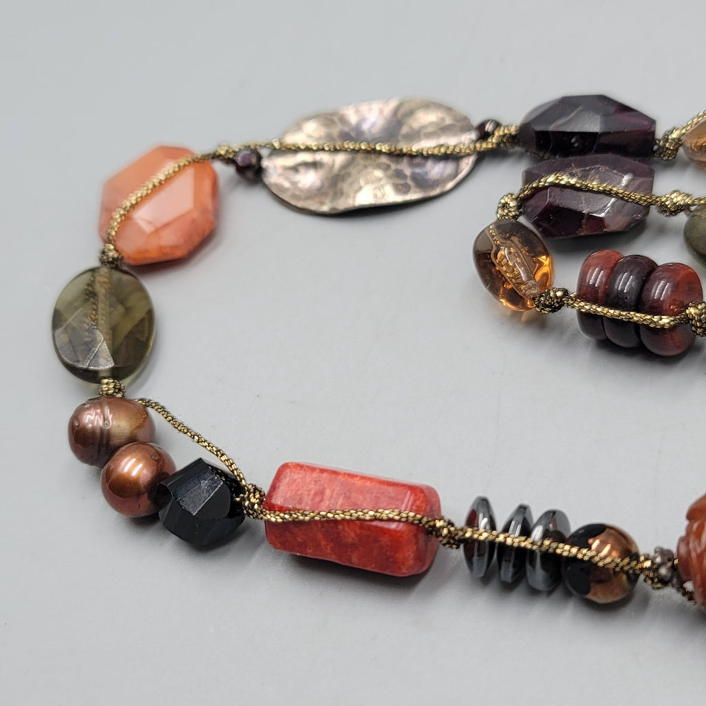 Sterling Silver Multi Bead Necklace Pearl Quartz Agate Multicolor 30"