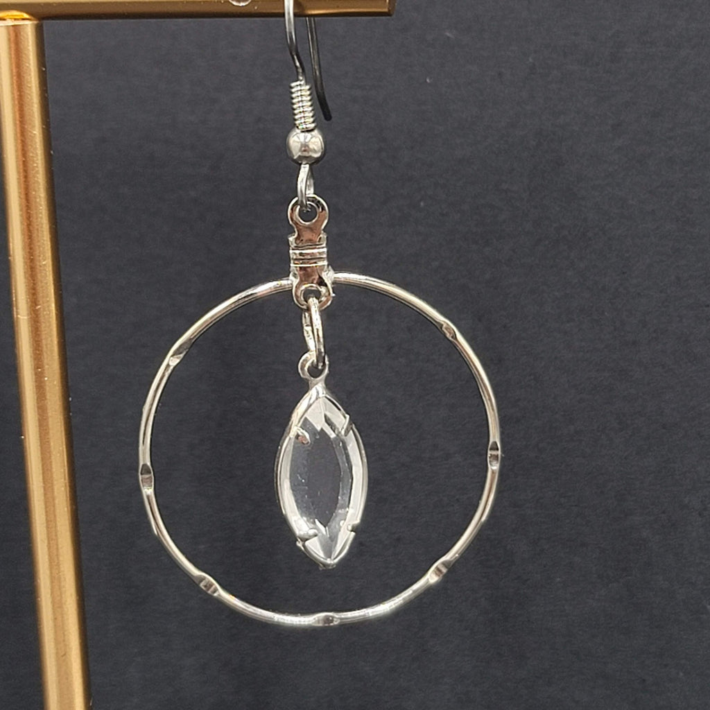 Silver tone Dangle Hoop Pierced Earrings Rhinestone Accent 1.5"