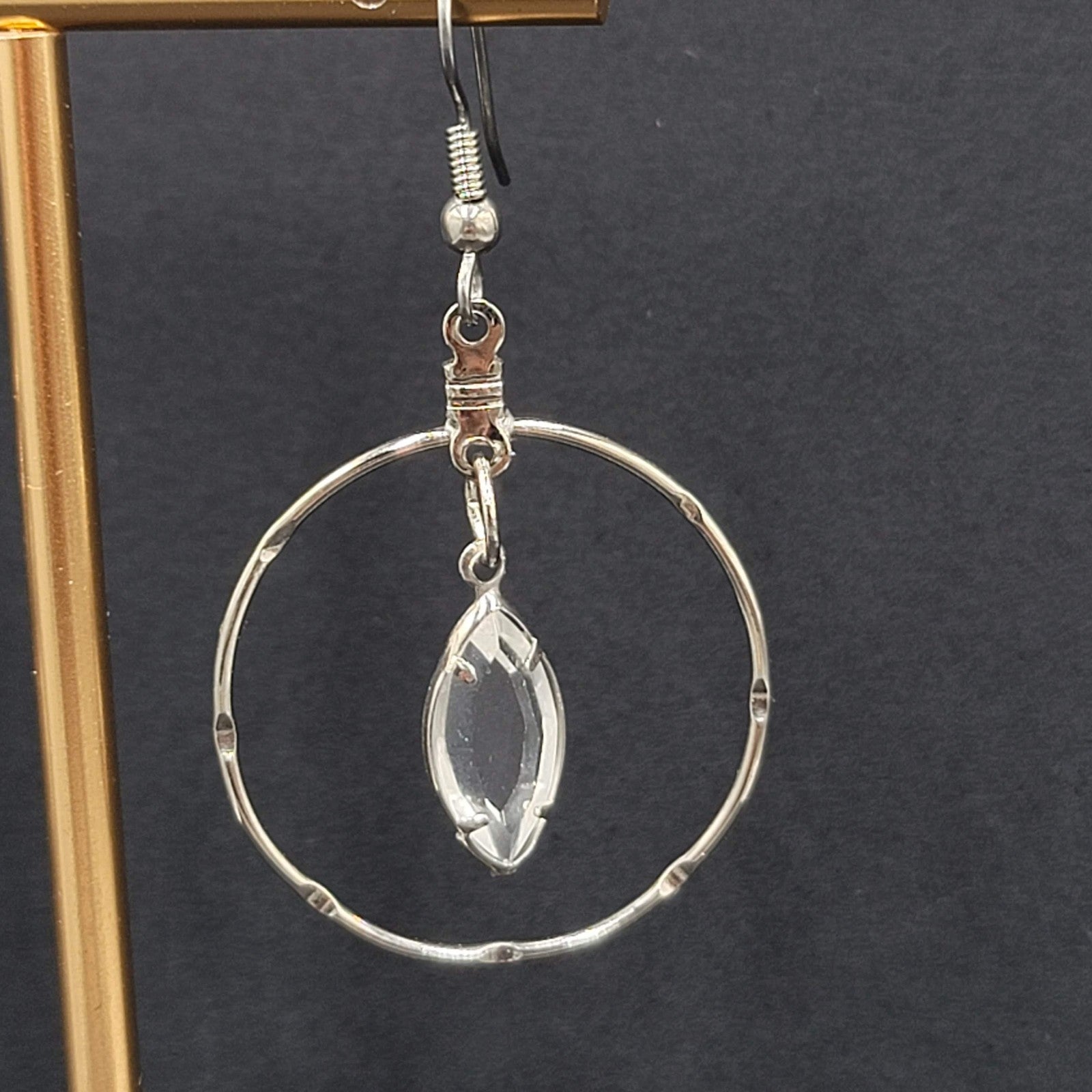 Silver tone Dangle Hoop Pierced Earrings Rhinestone Accent 1.5"