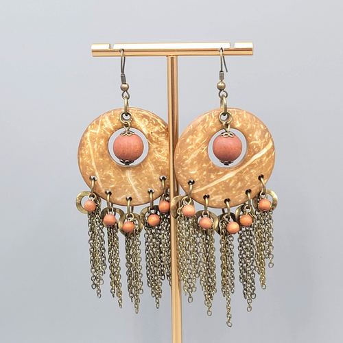 Coconut and Wood Bead Pierced Earrings Bronze tone Dangle Fringe Boho 3.25"
