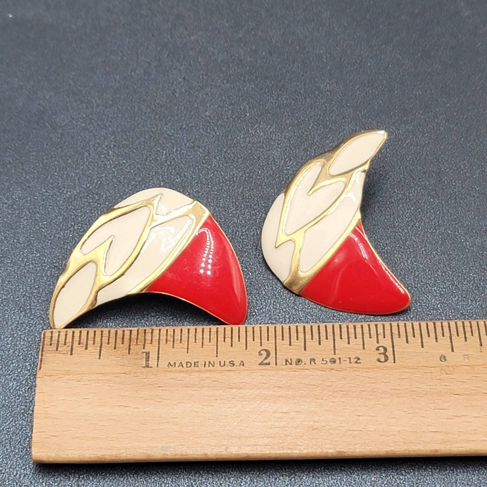 Vintage Pierced Earrings Large Red White Enamel Statement Gold tone 1.75"