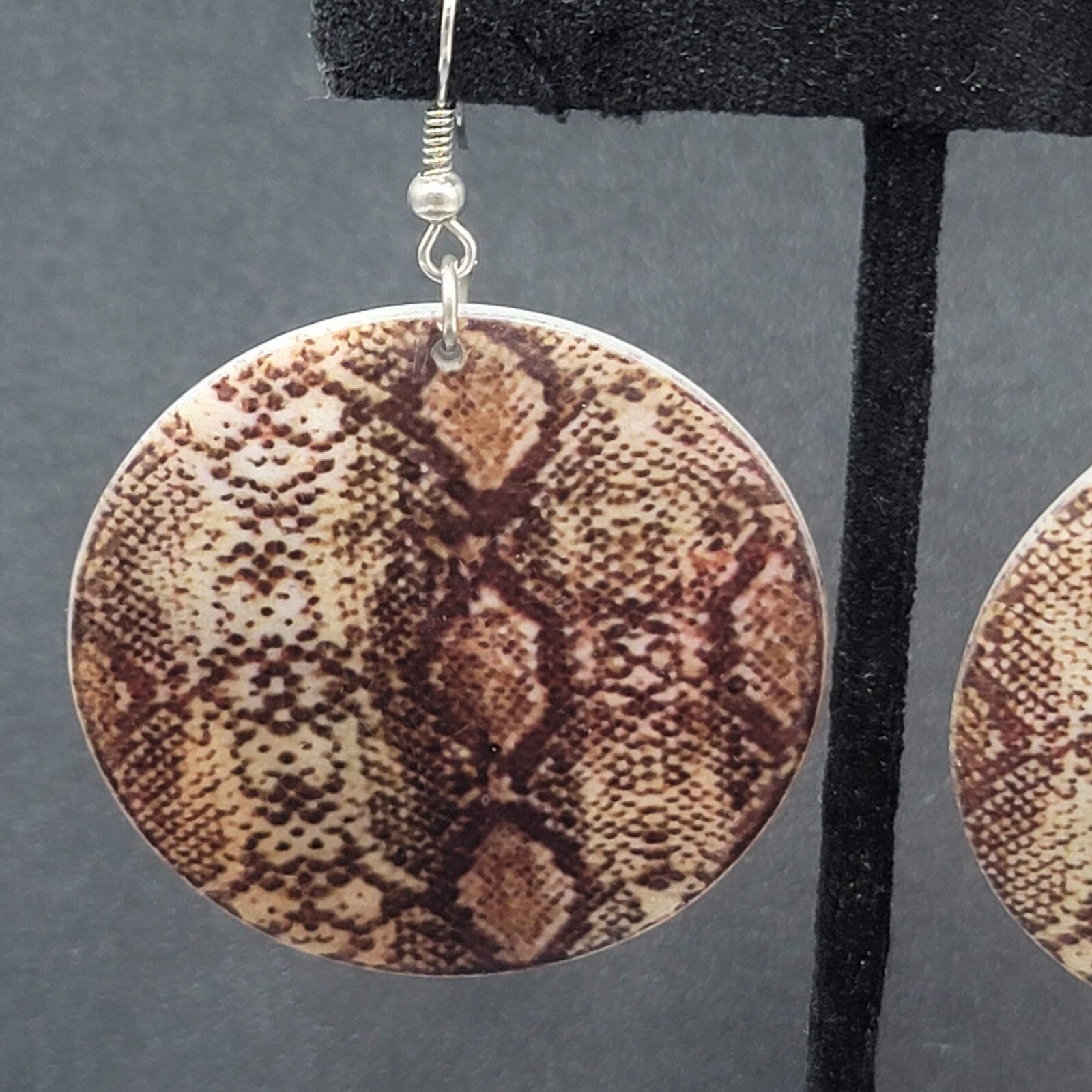 Pierced Earrings Snake Skin Print on Sea Shell 1.75"