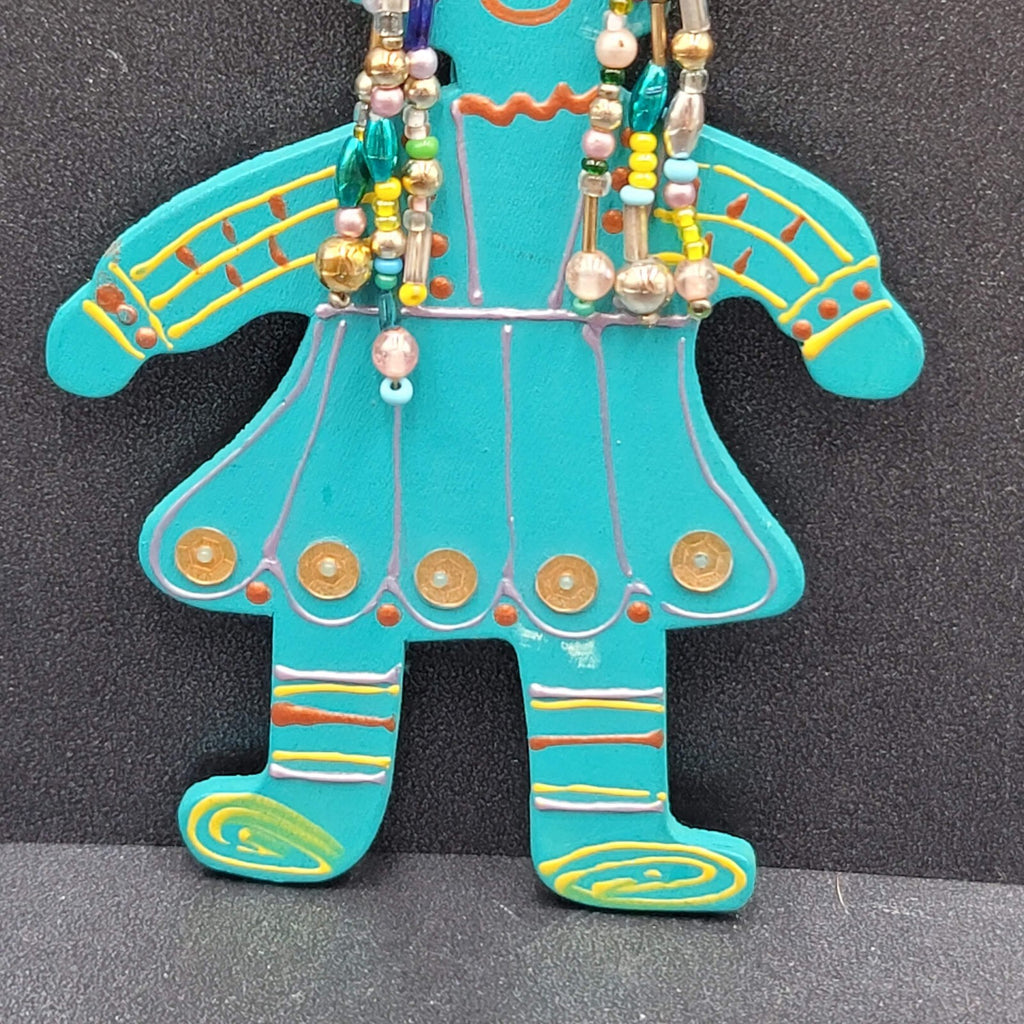 Vintage Brooch Large Handmade Girl Figure Painted Beaded Hair 4"