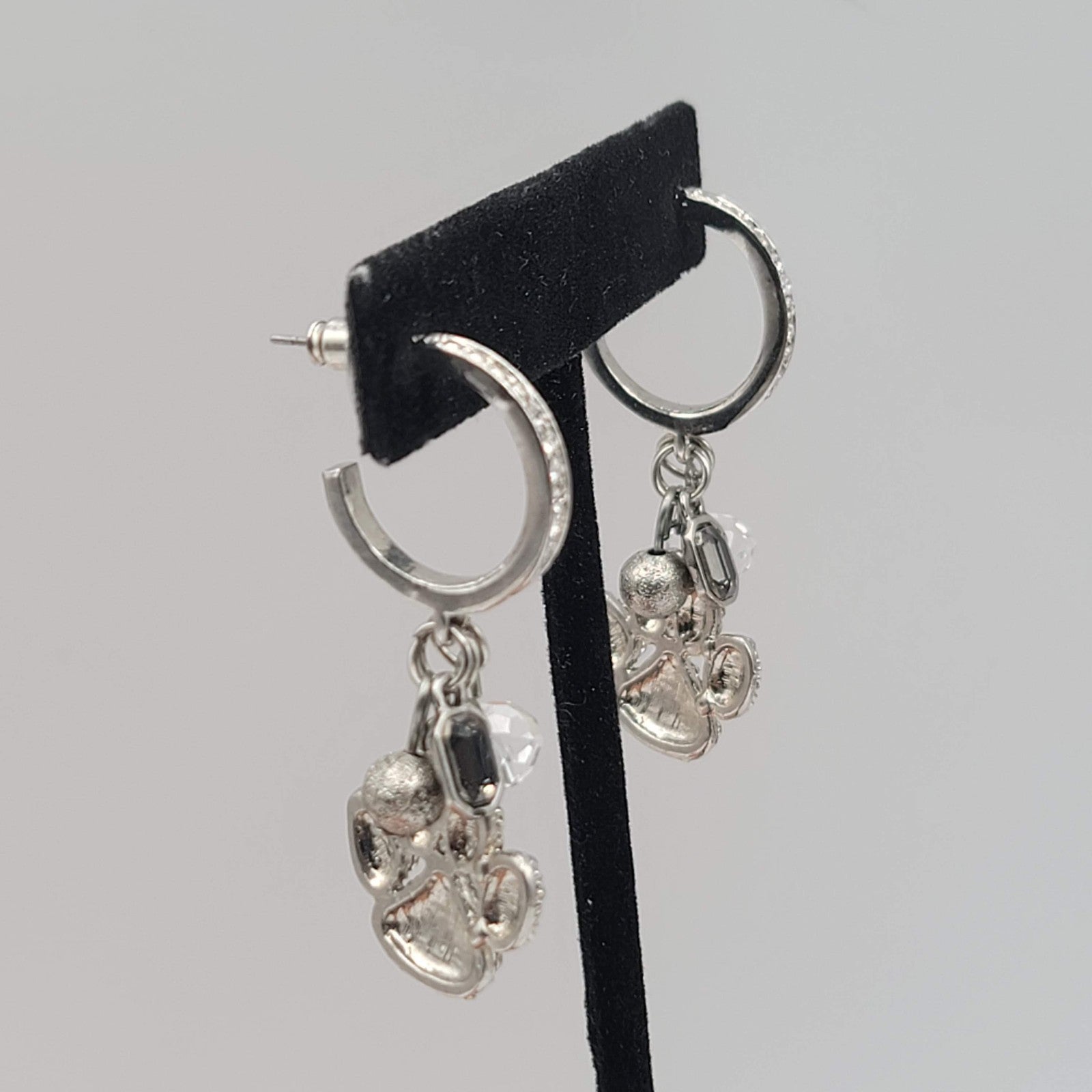 Puppy Paw Crystal Rhinestone Pierced Earrings  Silver tone Dangle Bead 1.75 in