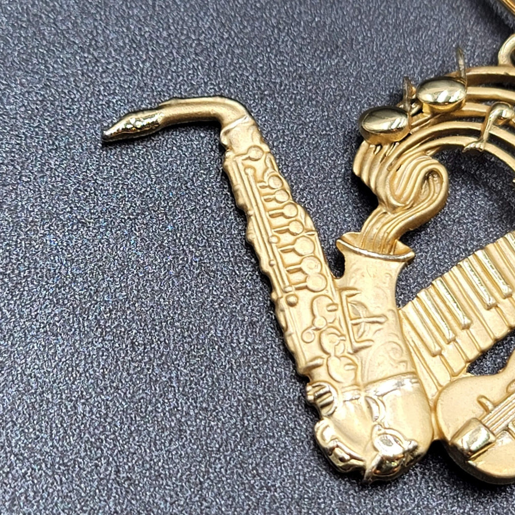 Vintage AJC Keychain Fob Music Sax Guitar Gold tone Piano 3"