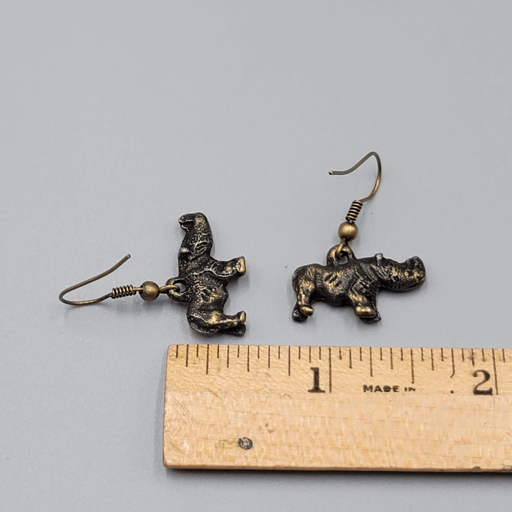 Rhinoceros Pierced Earrings Bronze tone Dangle 1/2"