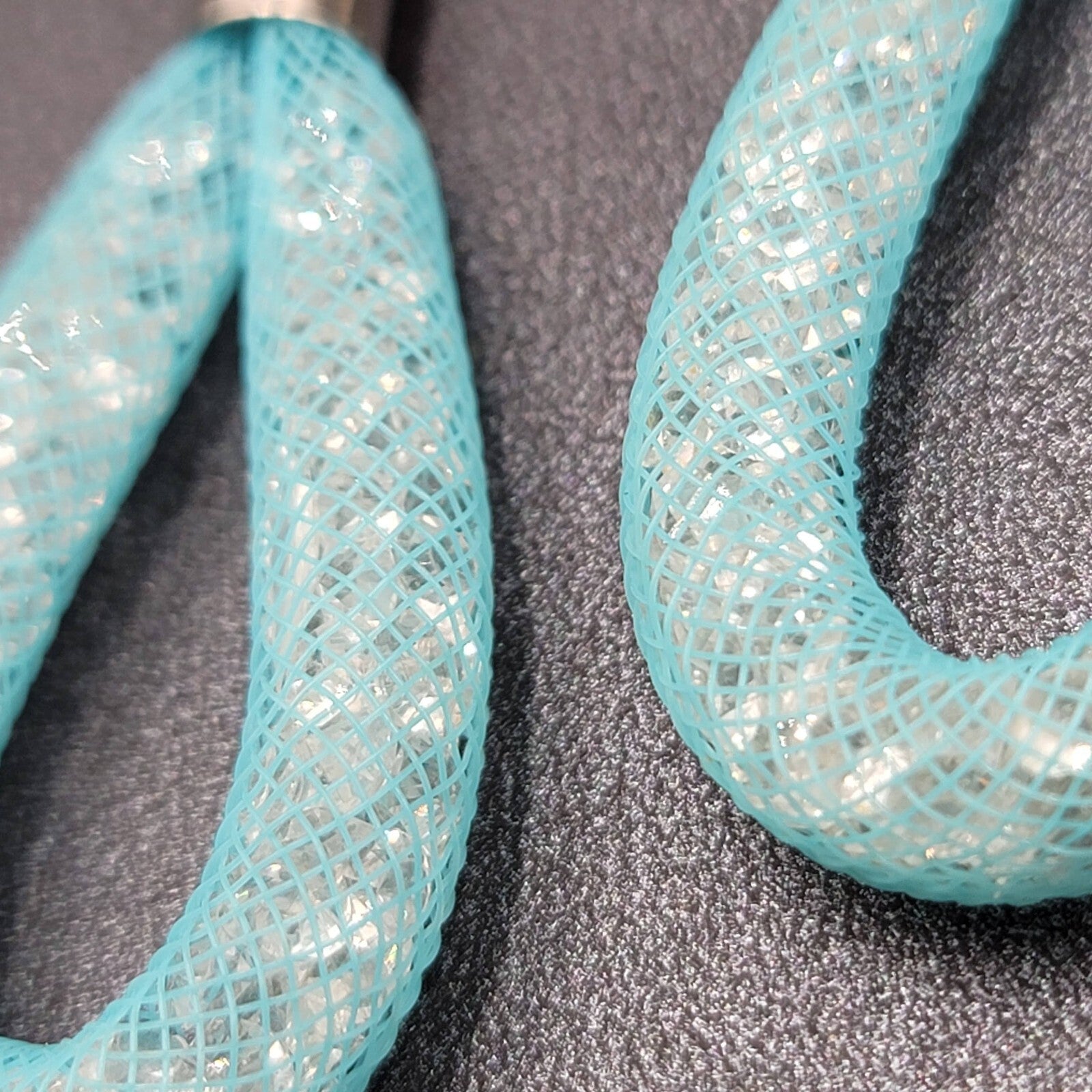 Pierced Earrings Silver tone Blue Knit Acrylic Crystals Dangle 2.25"