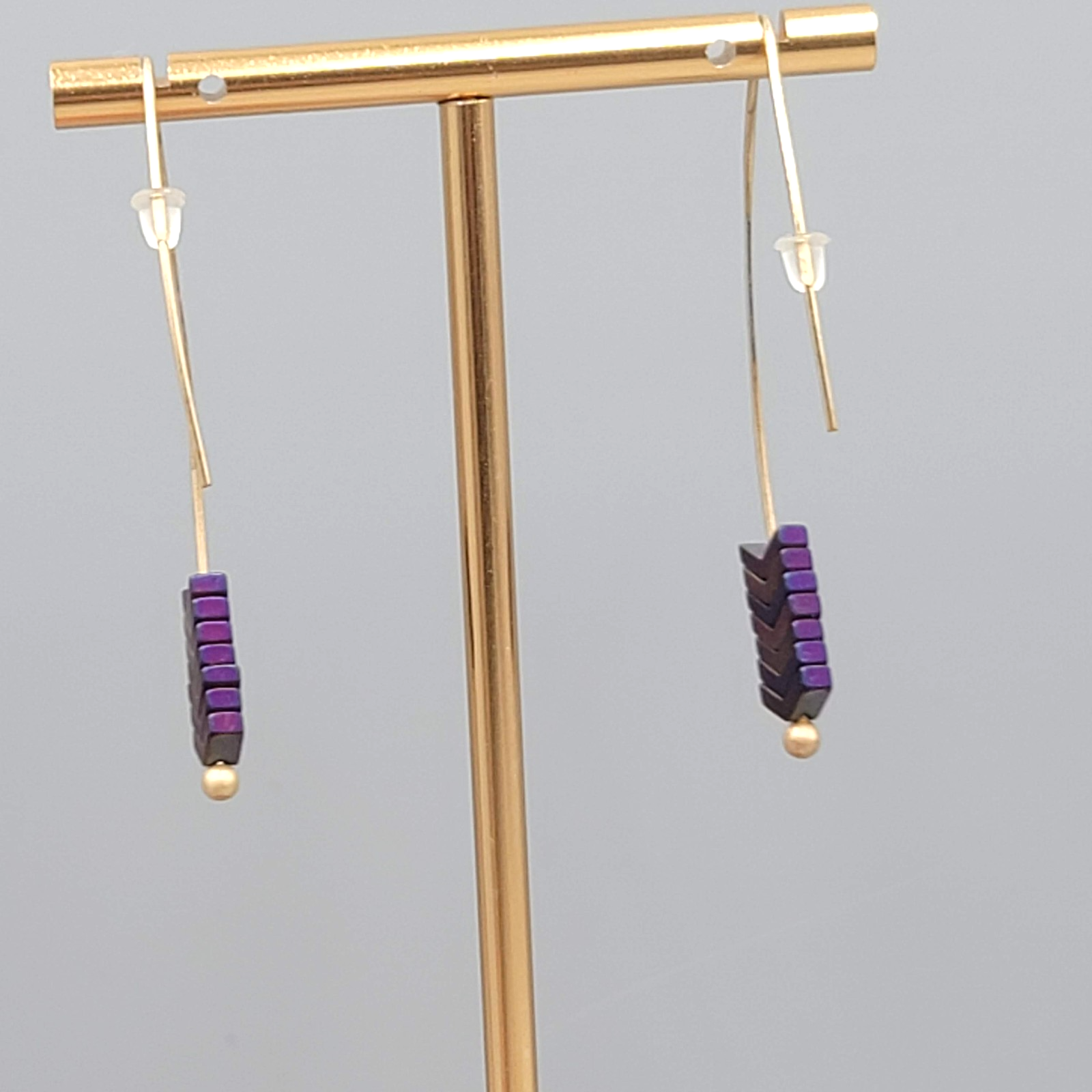Purple Stone Thin Hook Pierced Earrings Gold tone Drop 2"