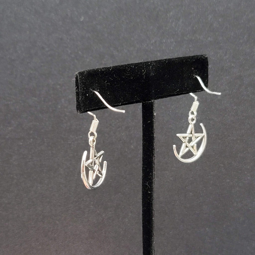 Pentagram Pierced Earrings Half Moon Star Silver tone Dangle 3/4"