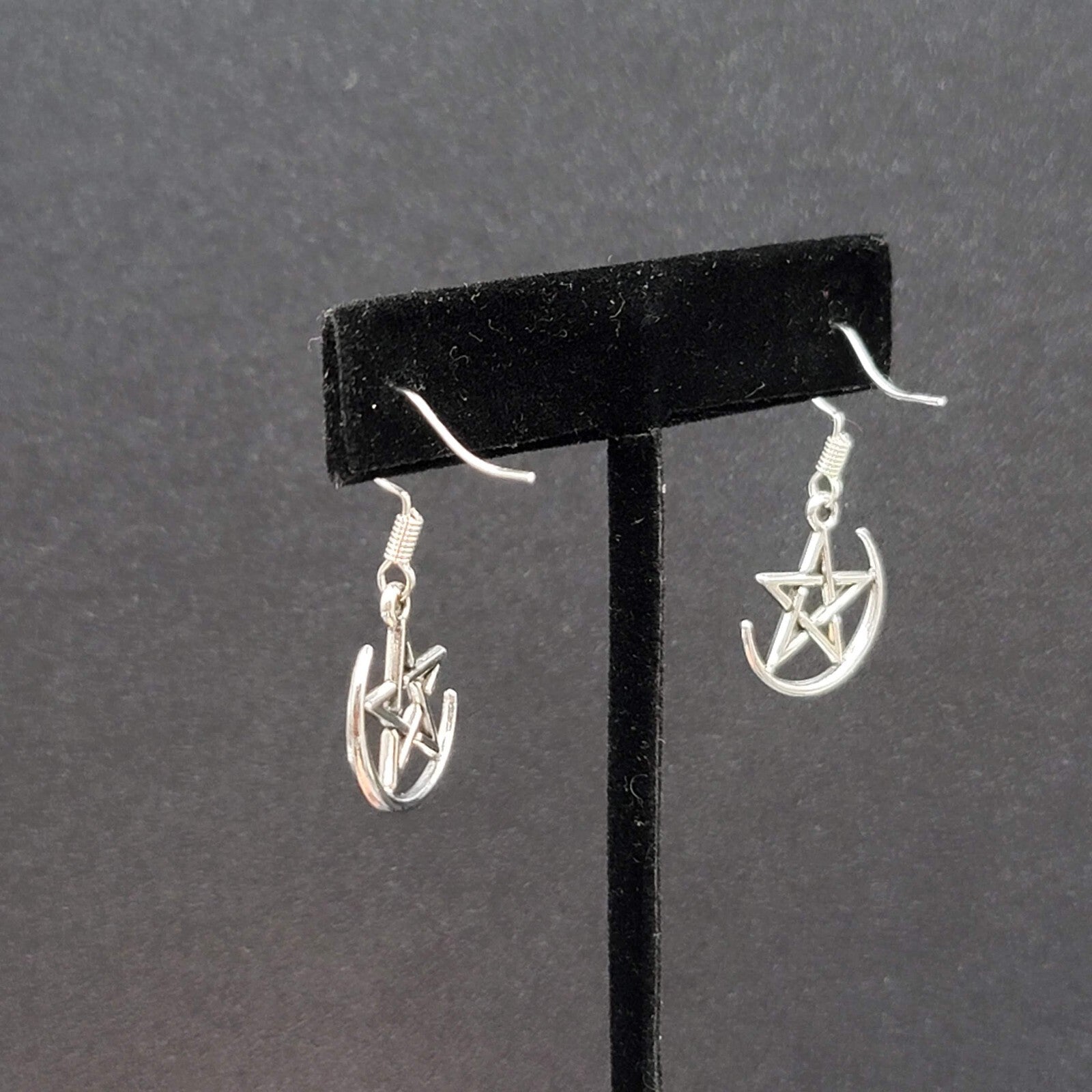 Pentagram Pierced Earrings Half Moon Star Silver tone Dangle 3/4"