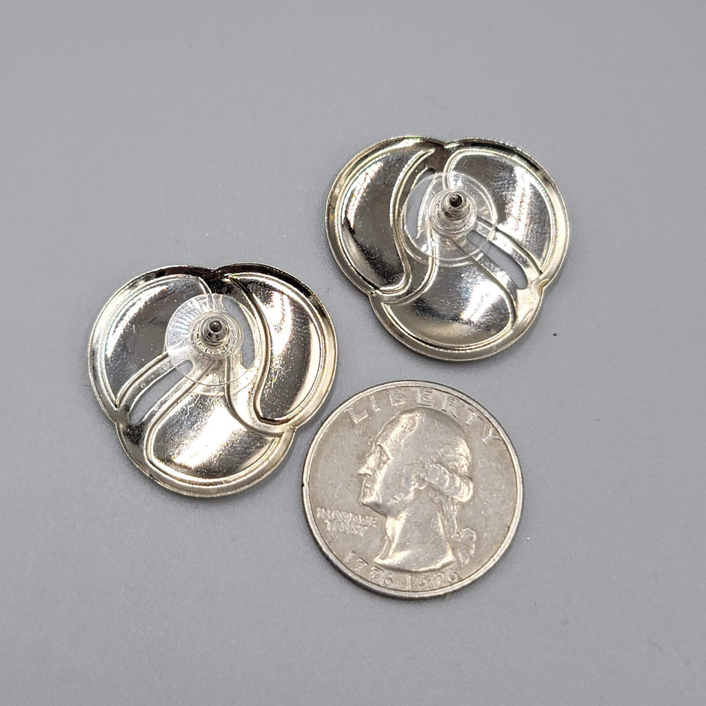 Vintage Pierced Earrings Silver tone Peach Sage Green Enamel Drop 1"