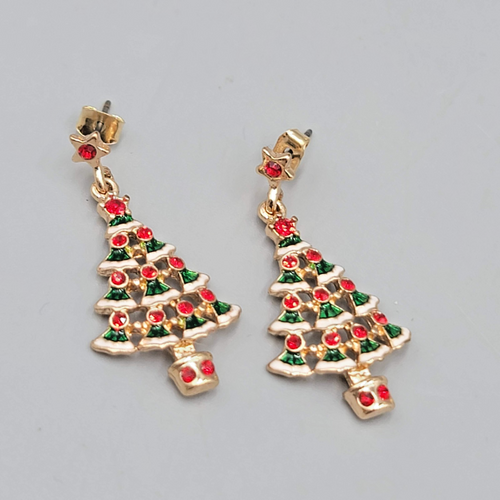 Christmas Tree Pierced Earrings Gold tone Dangle 1.25 in
