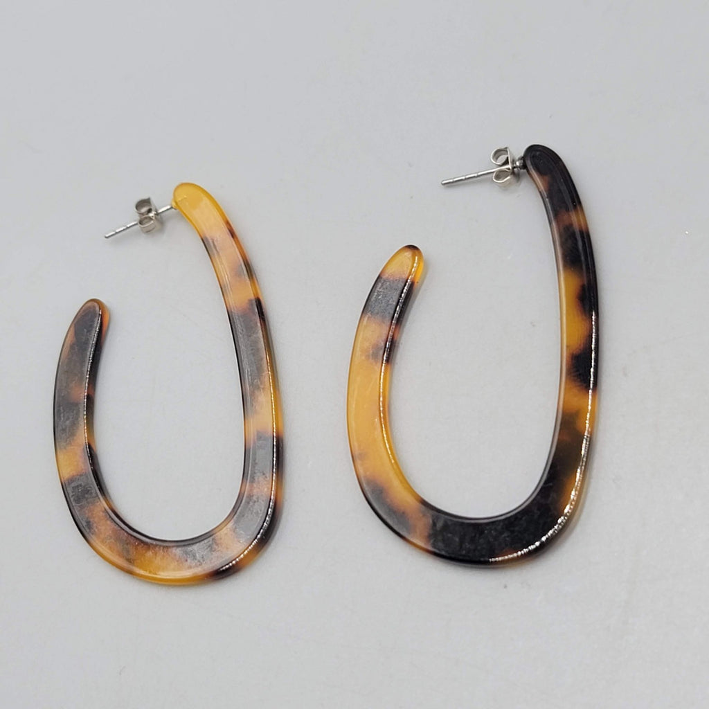 Acrylic Faux Tortoise Shell Hoops Pierced Earrings Oval Long 2 1/8 in