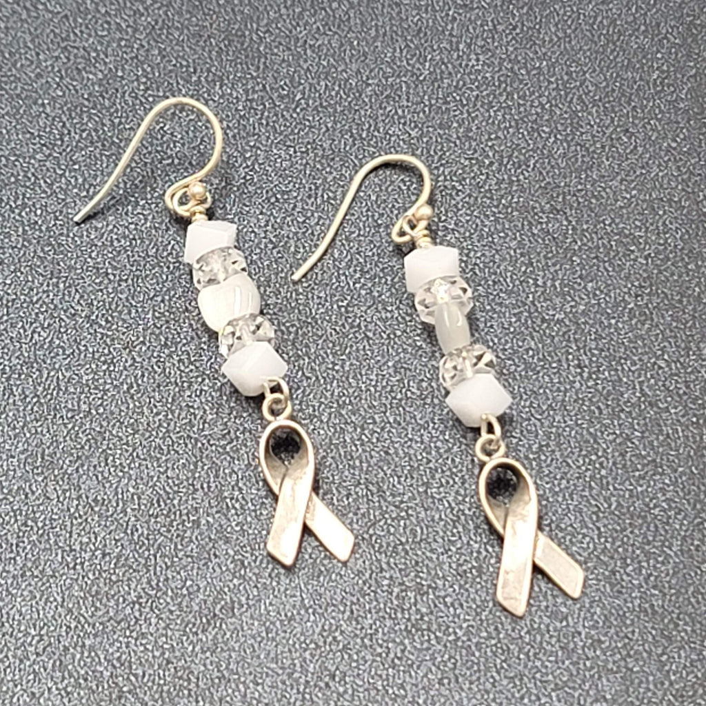 Sterling Silver Pierced Earrings 925 Beaded Awareness Ribbon 1.75" 