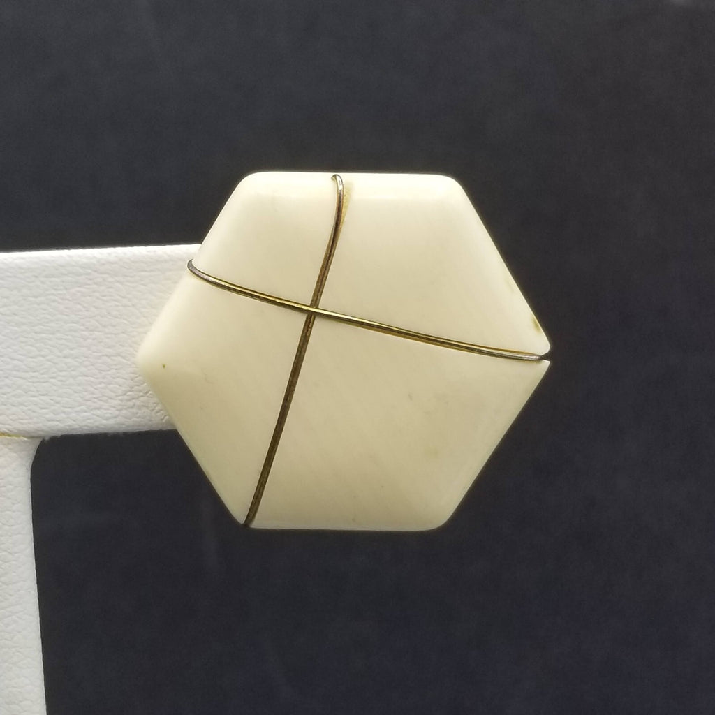 Vintage 1980's Pierced Earrings Cream Acrylic with Gold Line Hexagon Stud 1 1/4"