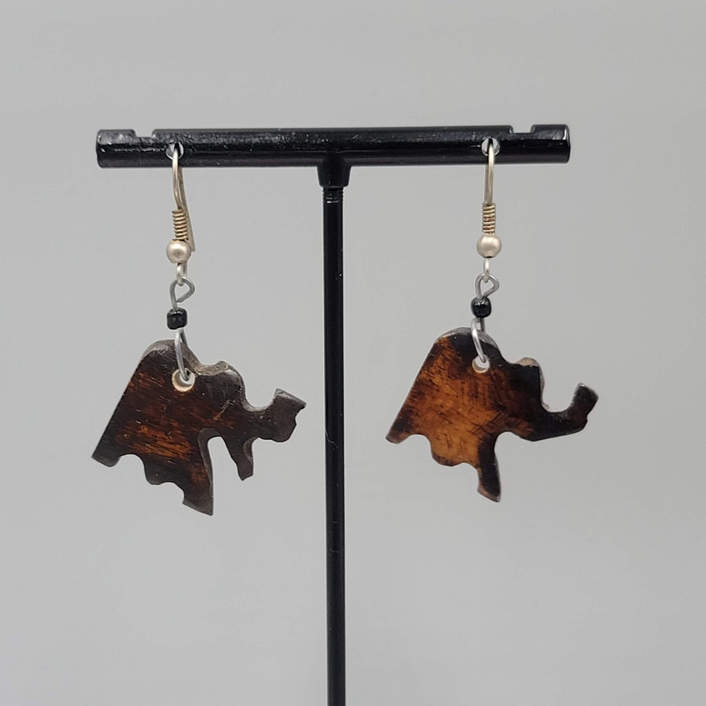 Vintage Elephant Pierced Earrings Hand Carved Wood Dangle Silver tone Hooks 1"