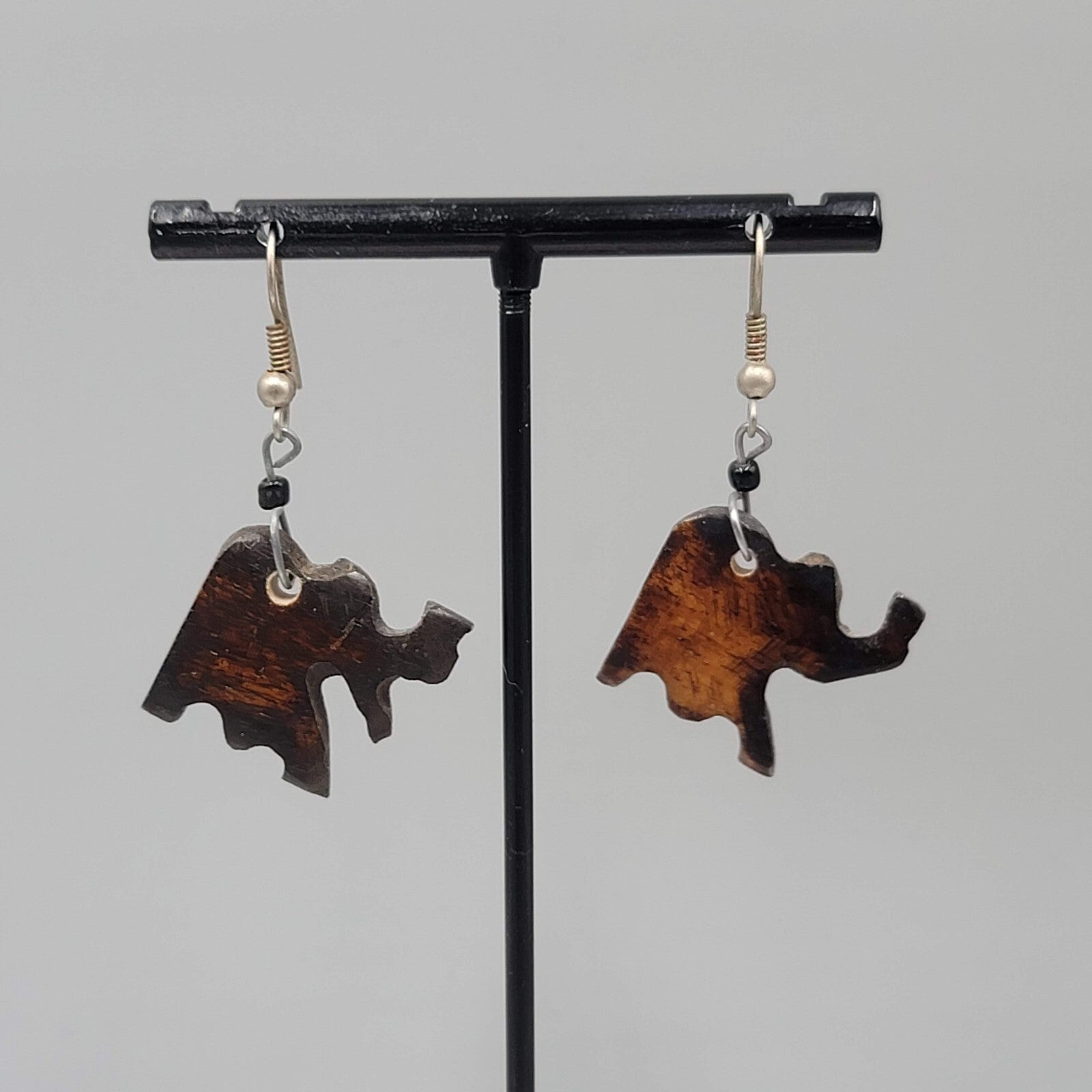 Vintage Elephant Pierced Earrings Hand Carved Wood Dangle Silver tone Hooks 1"