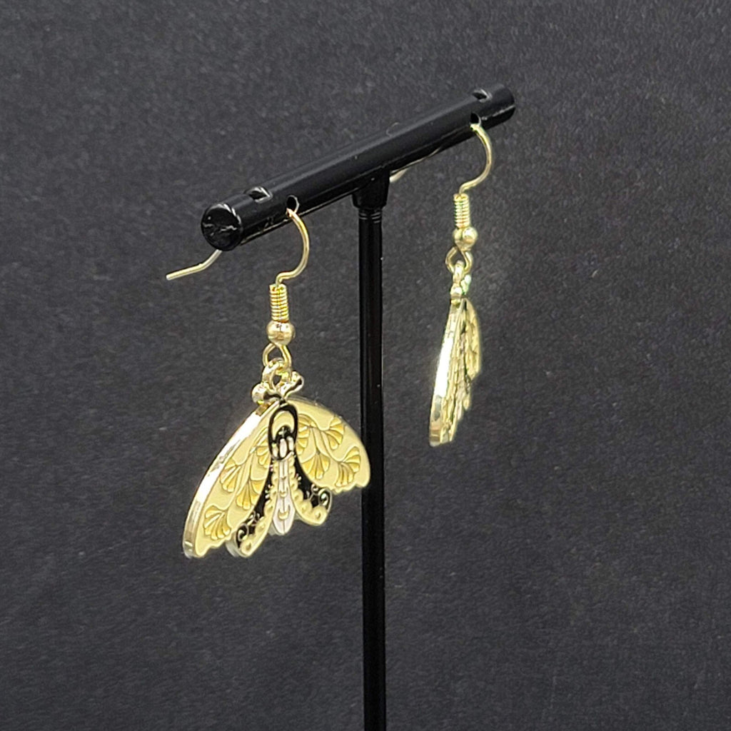 Moth Pierced Earrings Gold tone Yellow Black Enamel Dangle 3/4"