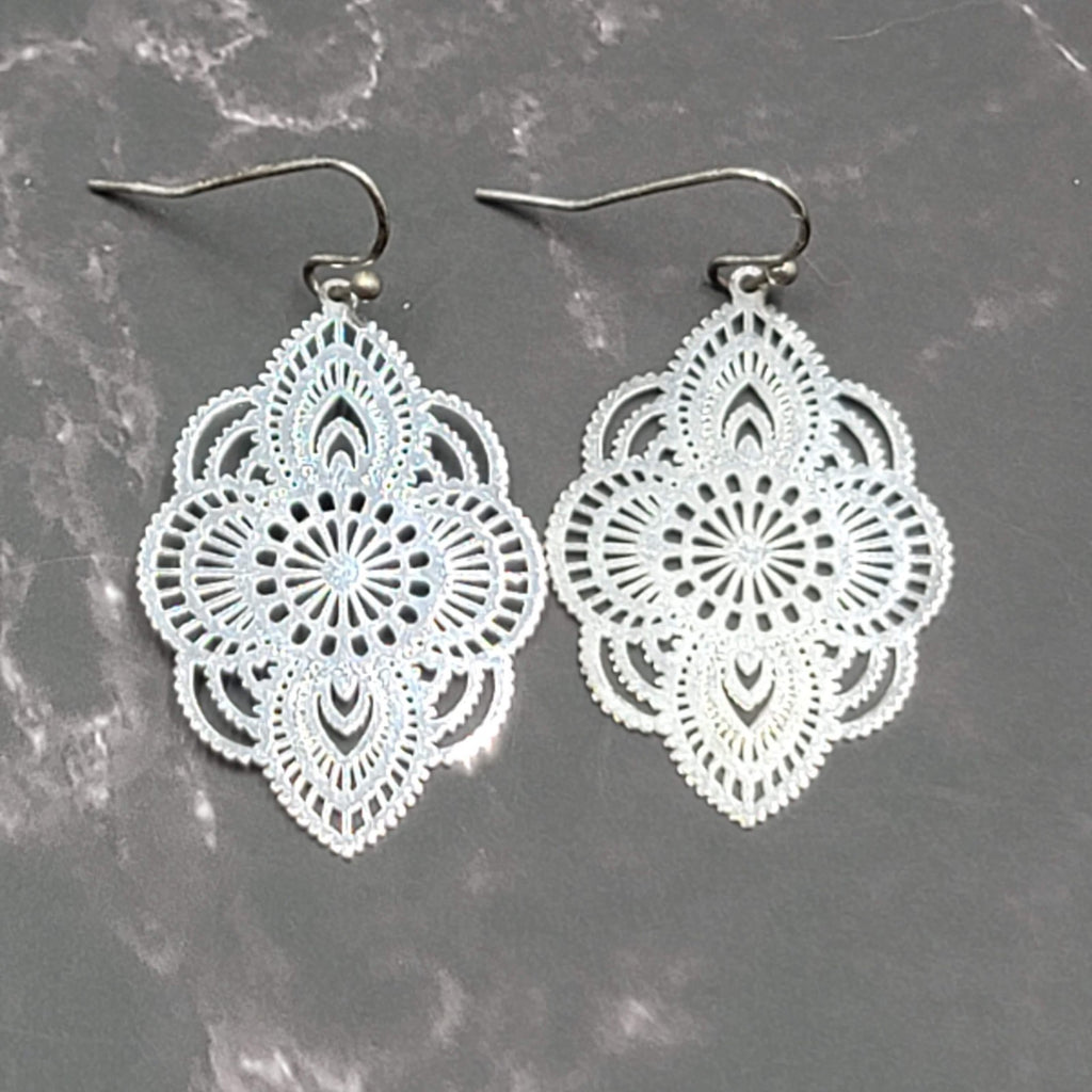 Laser Cut Metal Pierced Earrings Silver tone Dangle  1 3/8 in