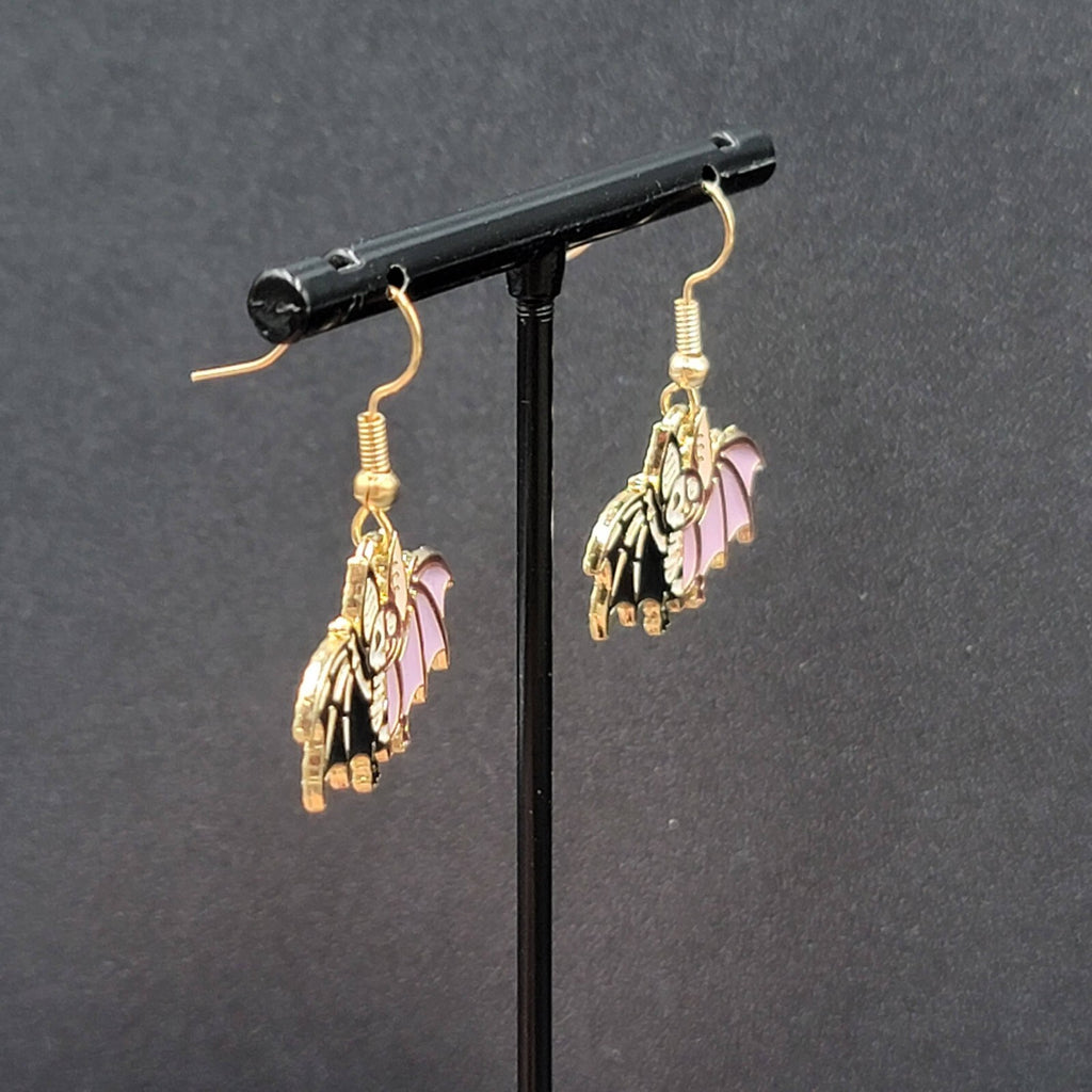 Zombie Bat Pierced Earrings Halloween Half Skeleton Enamel Dangle 3/4"