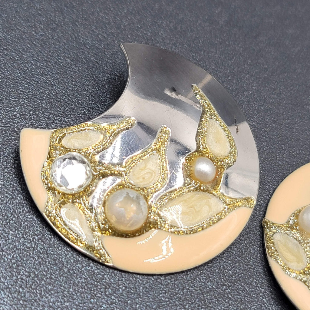 Vintage Clip on Earrings Silver tone Large Statement Enamel Glitter 1.75"