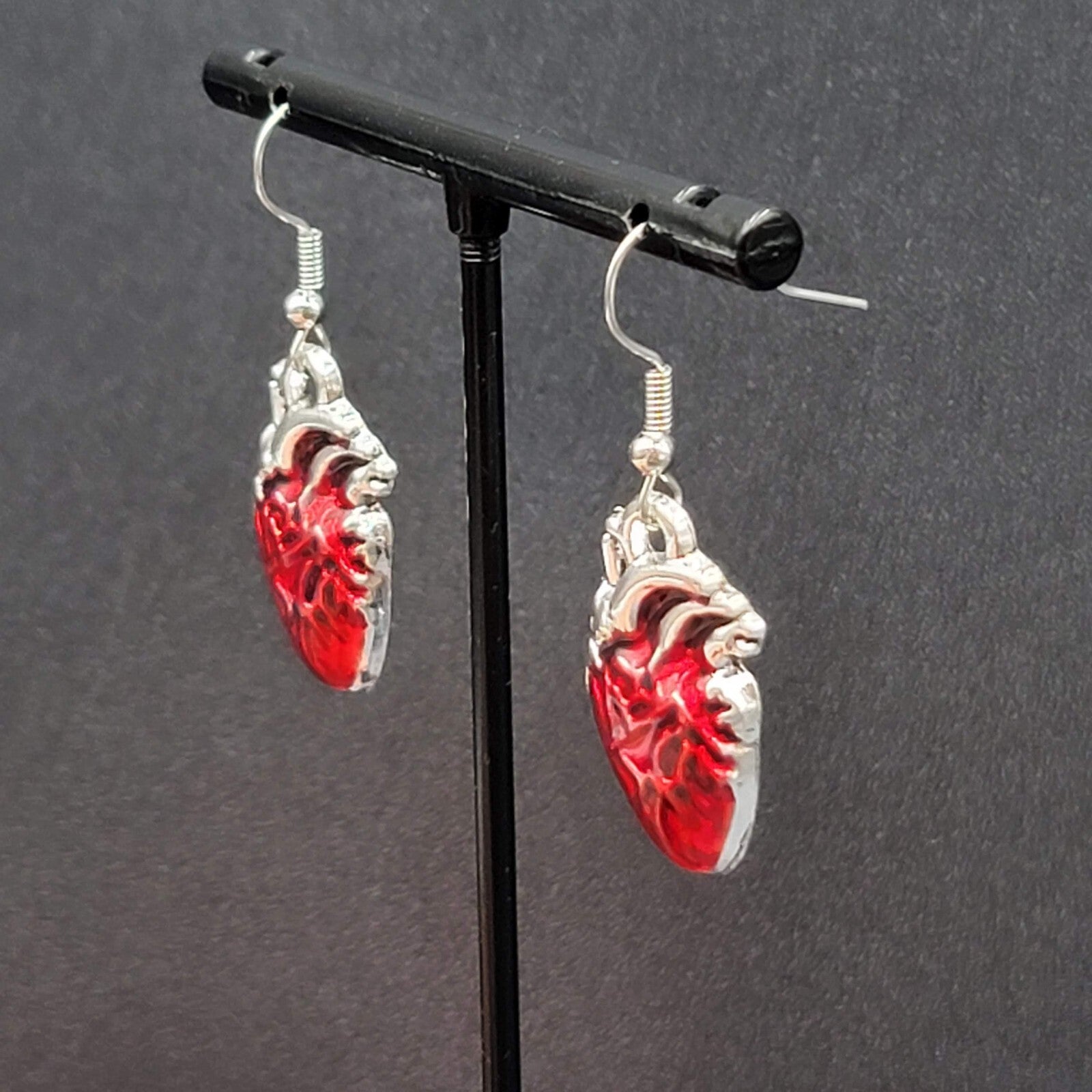 New Anatomical Heart Pierced Earrings Silver tone Red Goth Rock Dangle 1"