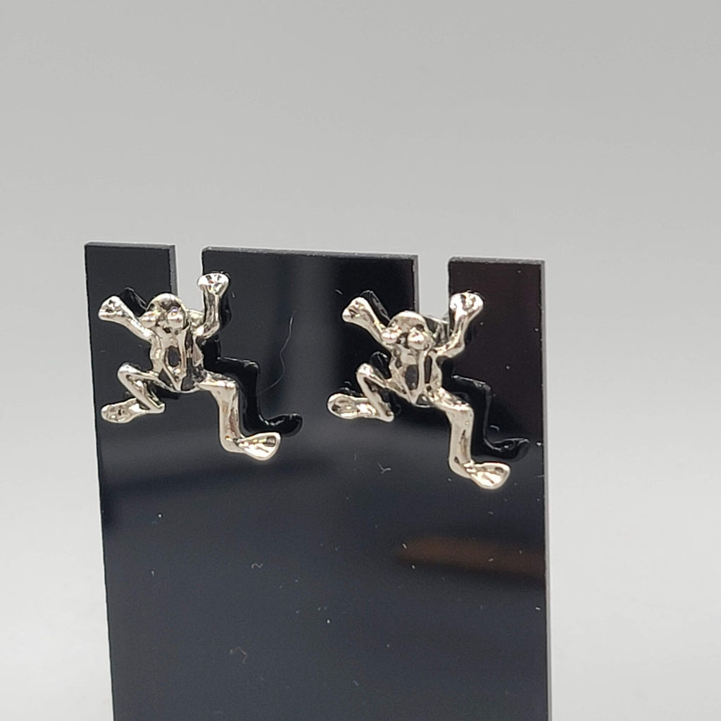 Frog Stud Pierced Earrings Silver tone Oxsidized 5/8 in