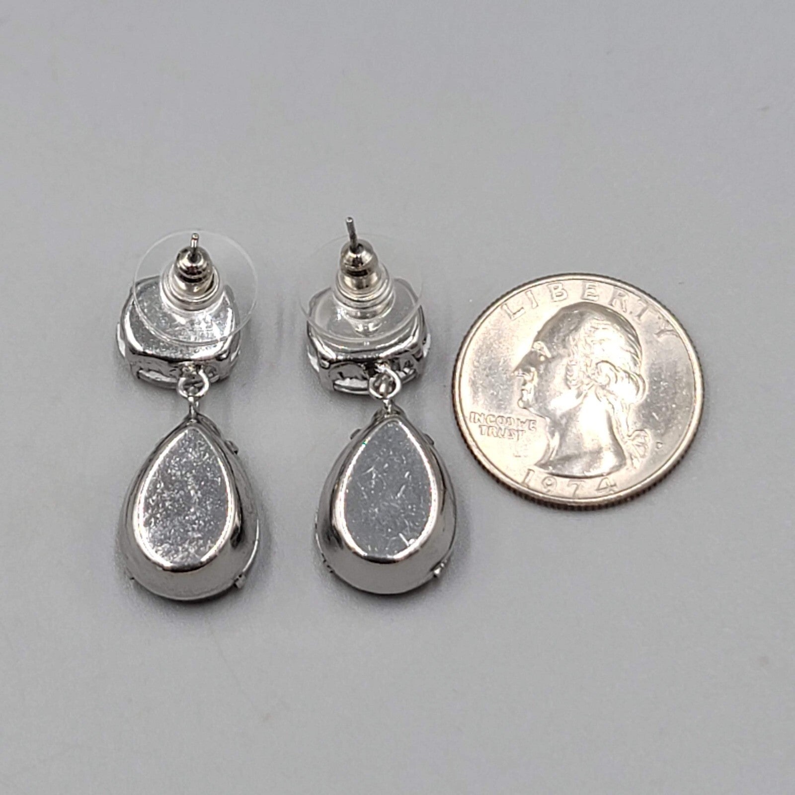 Purple Rhinestone Pierced Earrings Silve rtone Dangle Teardrop 1 1/8"