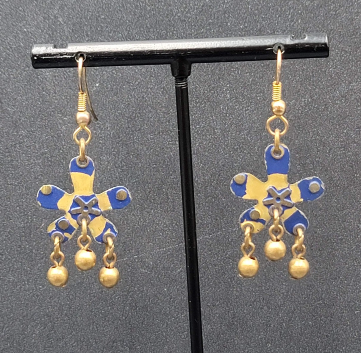 Pierced Earrings Brass Flower Blue Enamel Dangle 1.25"