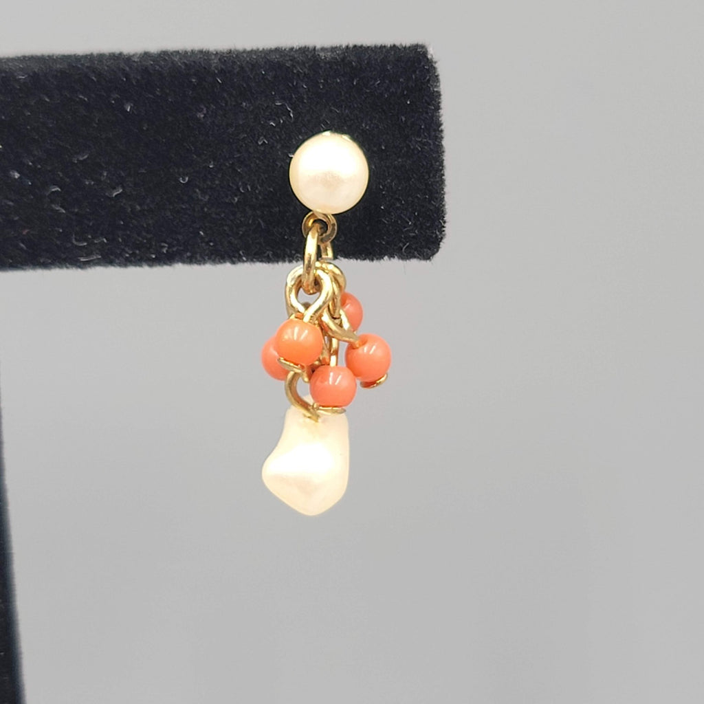 New York Co Faux Pearl Faux Coral Pierced Earrings Gold tone Dangle 1"