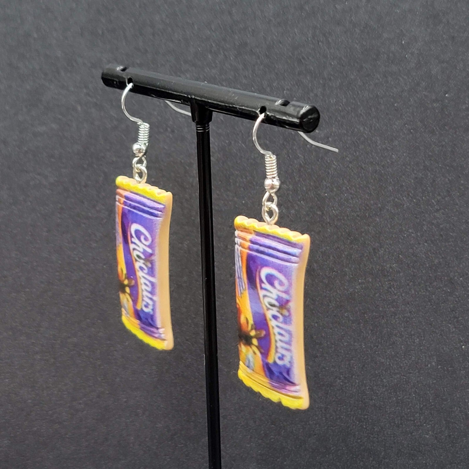 New CADBURY CHOCLAIRS Candy Pierced Earrings Acrylic Dangle 1.25"
