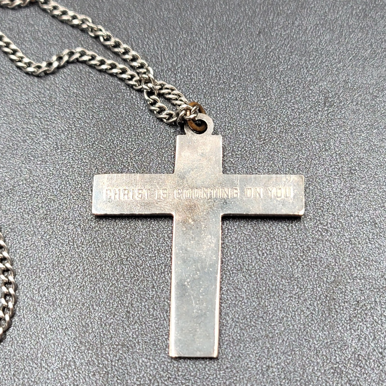 Catholic Religious Cross Pendant Christ is counting on you Silver tone 24"