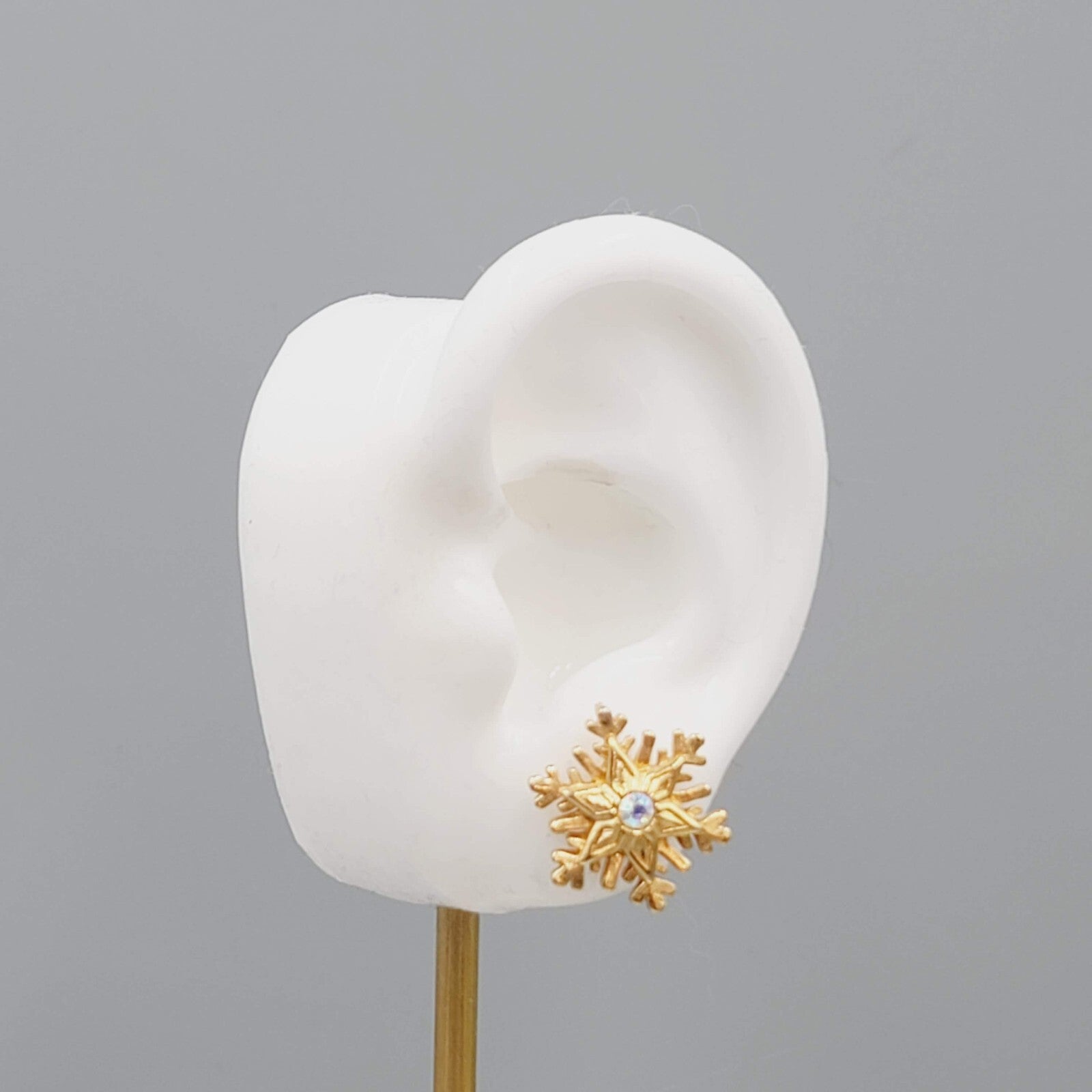 Snowflake Pierced Earrings Gold tone AB Crystal Studs 5/8"