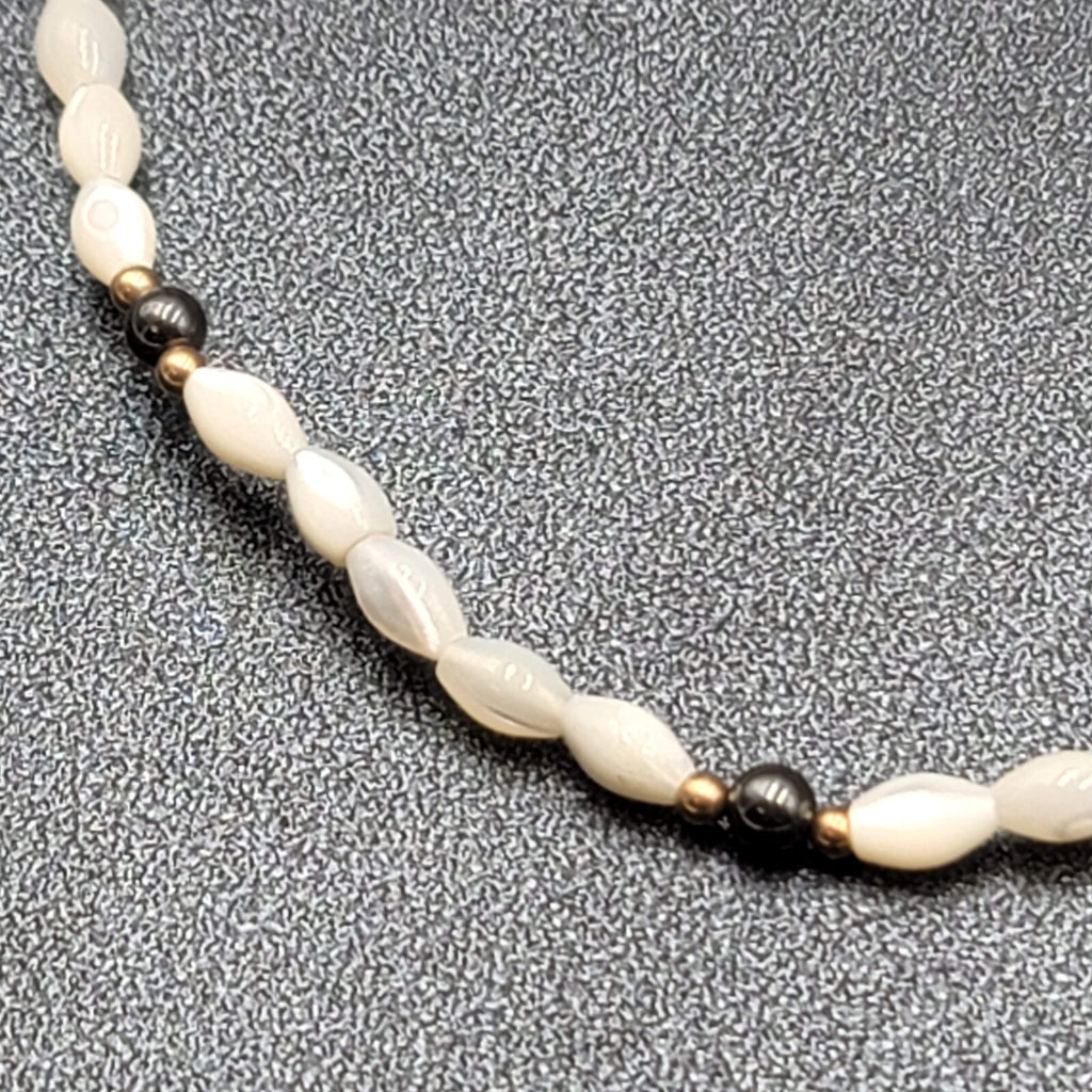 Vintage Mother of Pearl Hematite Gold Bead Necklace Gold Filled Clasp 16"