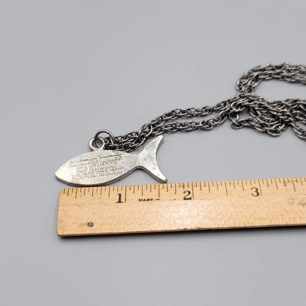 Vintage Jesus Necklace Silver tone Fish Shape Pendant 25" Estate Costume