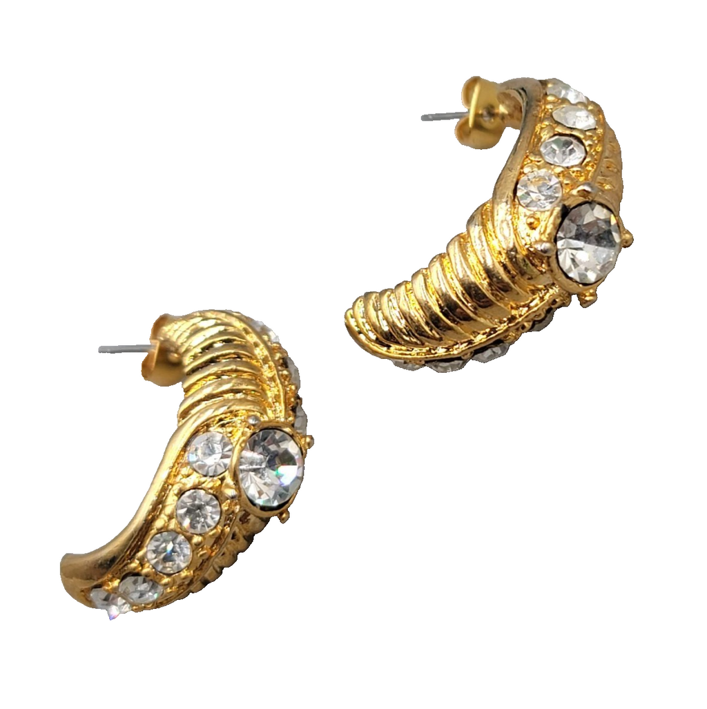 Half Hoop Rhinestone Pierced Earrings Gold tone Dangle Statement 1.25 in
